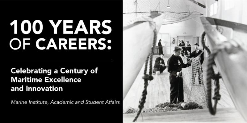Black and white photo of young people making nets in a classroom setting ; photo text: 100 Years of Careers: Celebrating a Century of Maritime Excellence and Innovation Marine Institute, Academic and Student Affairs